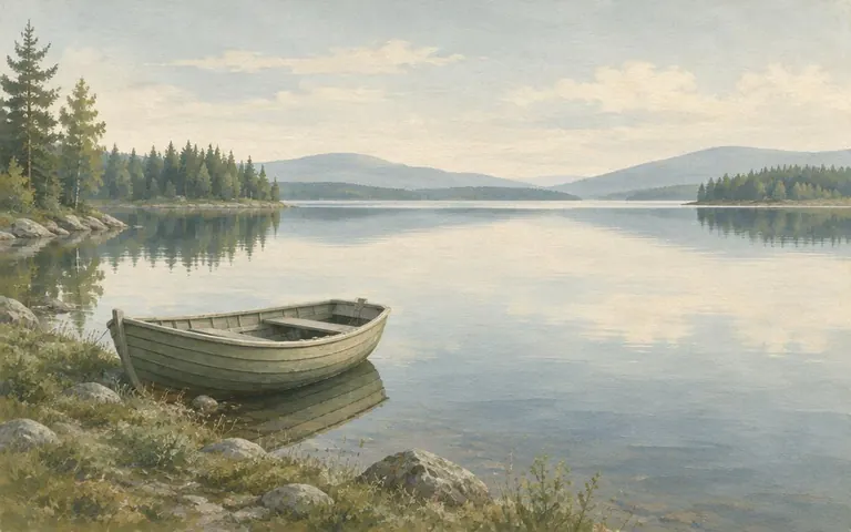 Robåt ved bredden av en stille innsjø