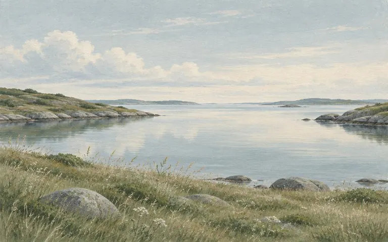 Rolig kystnatur med gress, steiner og vann